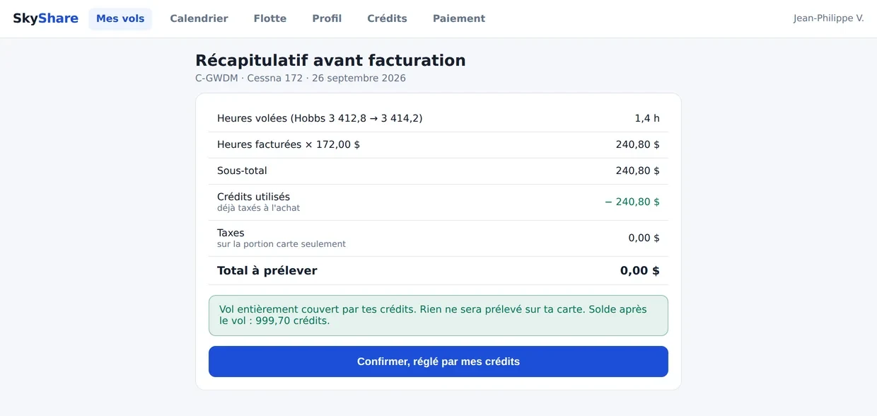 Récapitulatif de facturation : heures volées, sous-total, crédits utilisés et taxes.